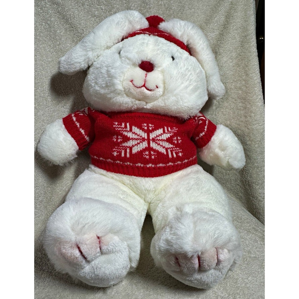 Mervyn's White Rabbit Plush Stuffed Animal Red Sweater Hat Christmas 1987 defect
